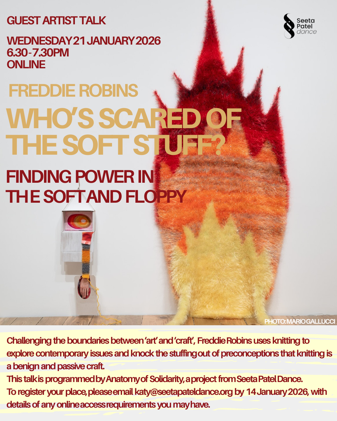 Guest Artist Talk (online) - Who’s Scared of the Soft Stuff? Finding power in the soft and the floppy - Wednesday 21 January, 6.30 – 7.30pm